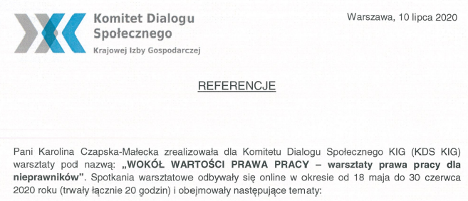 Krajowa Izba Gospodarcza Referencje dla ProLaboria (Karoliny Czapskiej-Małeckiej)